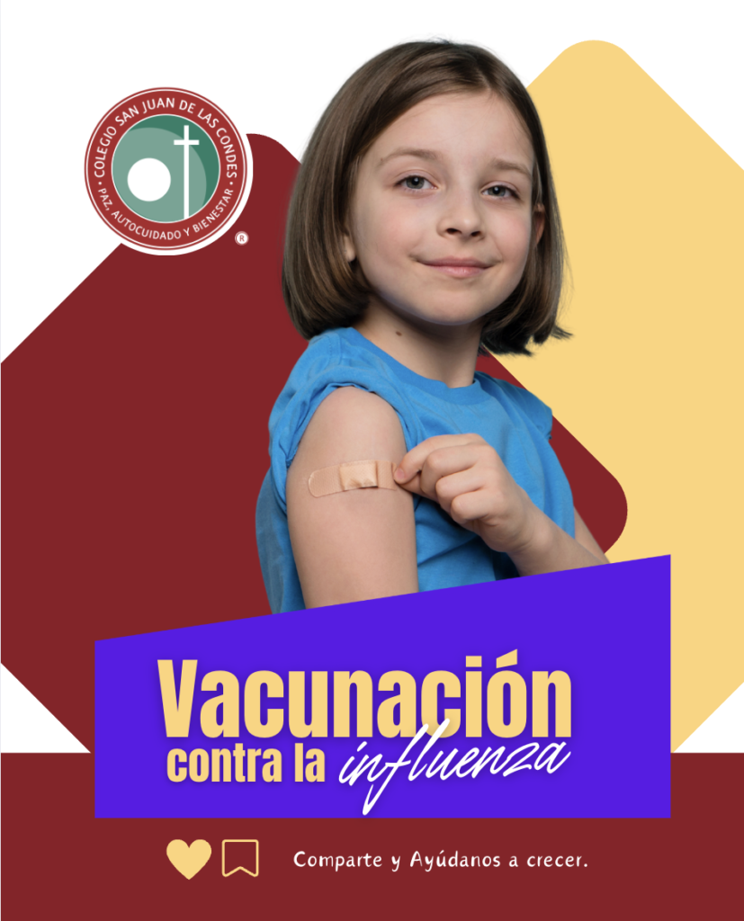 Estudiante de educación básica del Colegio San Juan de las Condes recibiendo la vacuna influenza 2026 durante el operativo escolar.